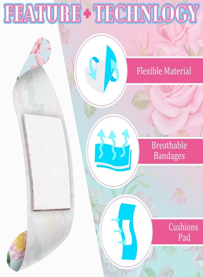 Threlaco ضمادات قماشية لاصقة مرنة من ثريلاكو، 120 قطعة، بأشكال وأنماط متنوعة، ضمادات قماشية صغيرة ملونة وجميلة مع وسادة غير لاصقة، 3 × 1 بوصة، للجروح والخدوش، للنساء (بنقشة زهور). - Image 3